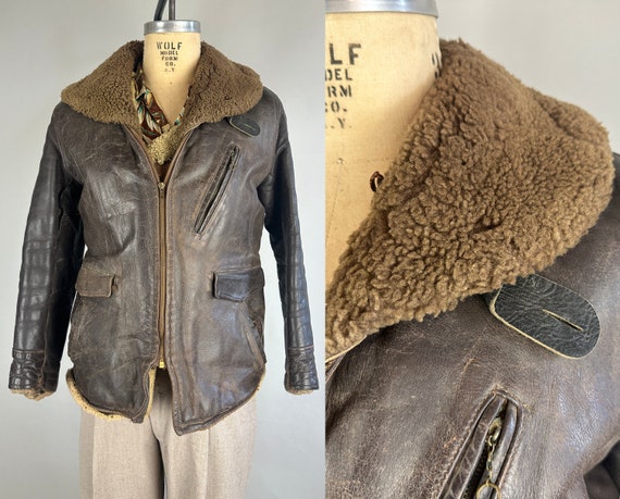1940s Bomber Bill Leather Jacket | Vintage 40s Coffee Bean Brown WWII Flight Coat with Sheepskin Collar & Lining and Brass Zip |Small/Medium