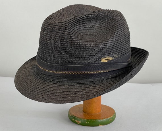 1950s Splendid Straw Fedora | Vintage 1950s Black Woven Summer Hat with Black Braided Red & Yellow Grosgrain Hatband | Size 7 Small/Medium