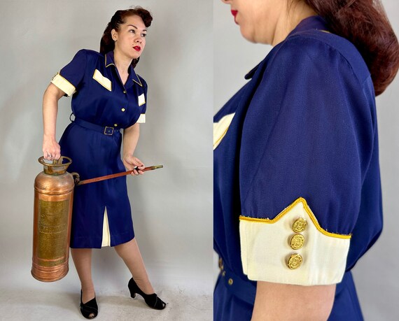 1940s Call the Fire Brigade Frock | Vintage 40s Blue … - Gem