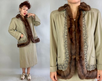 1940s Glitzy Glinda Suit | Vintage 40s Grey Sand Wool Two Piece Jacket Trimmed with Brown Fur, Soutache & Beads and Skirt | Extra Large XL