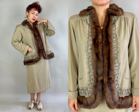 1940s Glitzy Glinda Suit | Vintage 40s Grey Sand Wool Two Piece Jacket Trimmed with Brown Fur, Soutache & Beads and Skirt | Extra Large XL