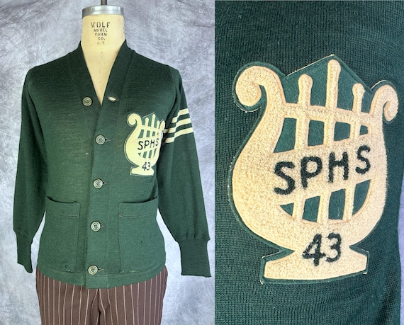 1940s Green with Envy Cardigan | Vintage 40s Forest Green Wool Collegiate Sweater with White Stripe Accents and Faux Belted Back | Small