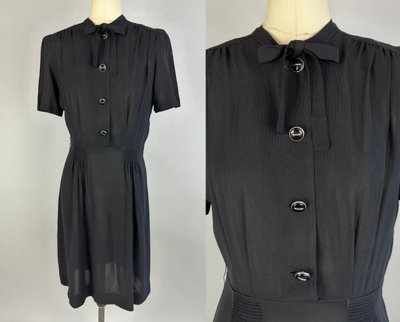 1940s Somber Chic Dress | Vintage 40s Black Semi-Sheer Rayon Shirtwaist Frock with Neck Tie Padded Shoulders and Smocking | Small