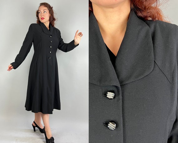 1930s Proud "Printzess" Coat | Vintage 30s Black Light Weight Wool Nipped Waist Flared Skirt Overcoat with Padded Shoulders | Medium