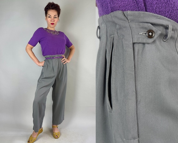 1950s Hep Like Hepburn Trousers | Vintage 50s Steel Grey Wool Gabardine Pants with Pleated Hollywood Waist and Side Zipper | Extra Large XL