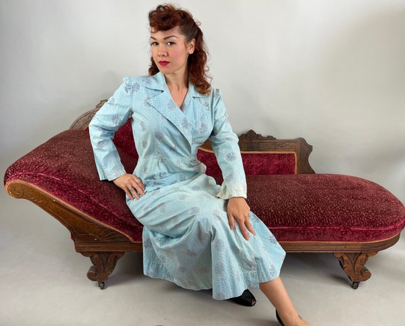 1940s Lovely Lounge Robe | Vintage 40s Blue White… - image 2