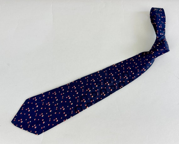 1930s Seeing Spots Necktie | Vintage 30s Navy Blue Silk Spotted Jacquard Weave with Red and Silver Dots Self Tie Cravat