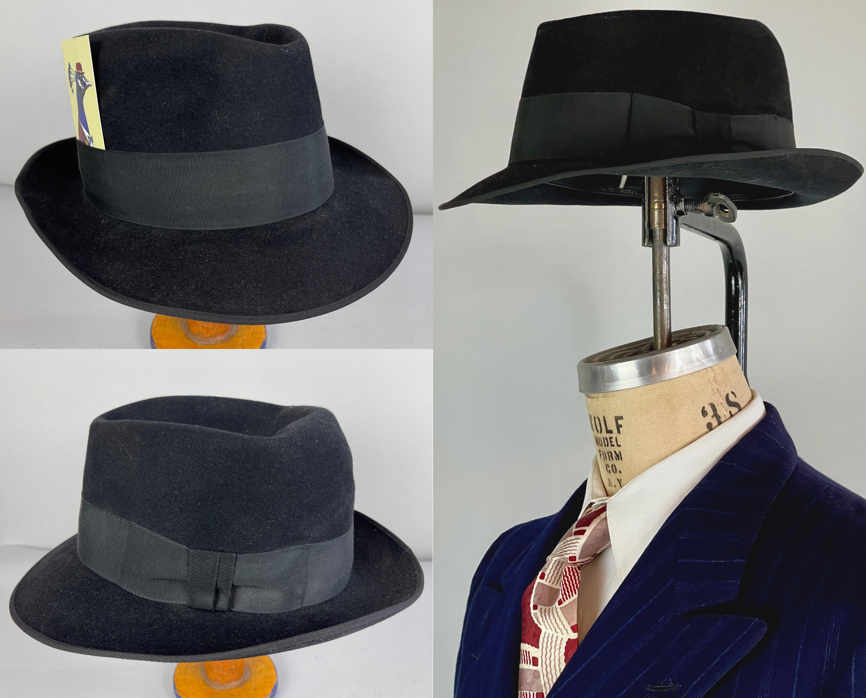1950s Man in Black Fedora Vintage 50s Jet Wool Felt Hat with