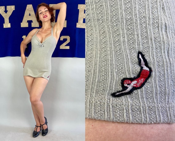 1930s Jazzy "Jantzen" Swimsuit | Vintage 30s Grey Wool Striped Knit One Piece Bathing Suit with Adjustable Straps | Small /Extra Small XS