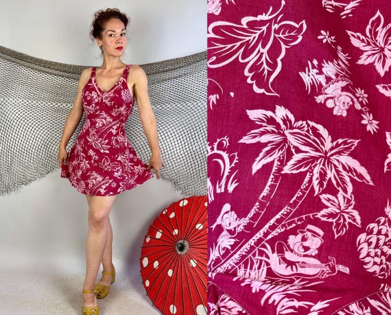 1930s Hula on a Hawaiian Holiday Romper | Vintage 30s Pink Cotton Skirted Playsuit w/Minnie & Donald Palm and Pineapple Print | Medium Large