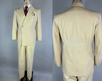 1930s Tropical Trip Suit | Vintage 30s Cream White Wool Gabardine Pleated & Belted Back Peak Lapels Jacket and Trousers Set | Size 38 Medium