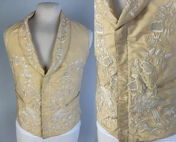 1800s Embodied Enchantment Waistcoat | Antique Vintage Victorian Vest of Ivory Silk and Cotton w/White Silk Bird & Floral Embroidery | Small