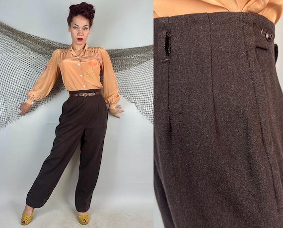 1940s Laid Back Tracy Trousers | Vintage 40s Coffee Bean Brown Wool Flannel Hollywood Waist Slacks w/Dropped Belt Loops and Side Zip | Small