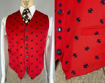 1950s Fantastic French Waistcoat | Vintage 50s Red Wool Vest with Orange Back and Blue Embroidered Fleur de Lis | Size 40 Medium