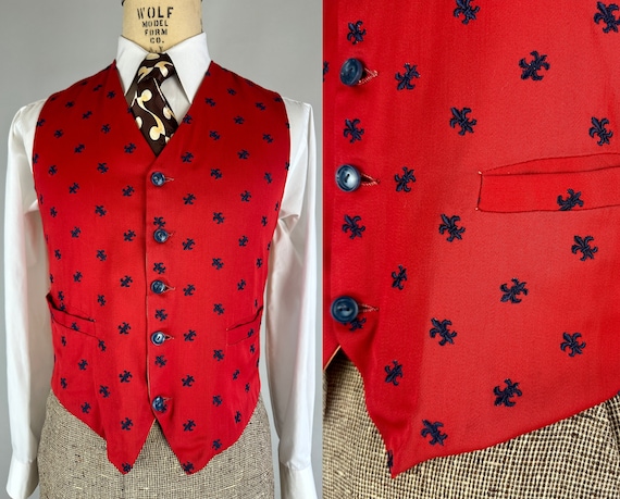 1950s Fantastic French Waistcoat | Vintage 50s Red Wool Vest with Orange Back and Blue Embroidered Fleur de Lis | Size 40 Medium