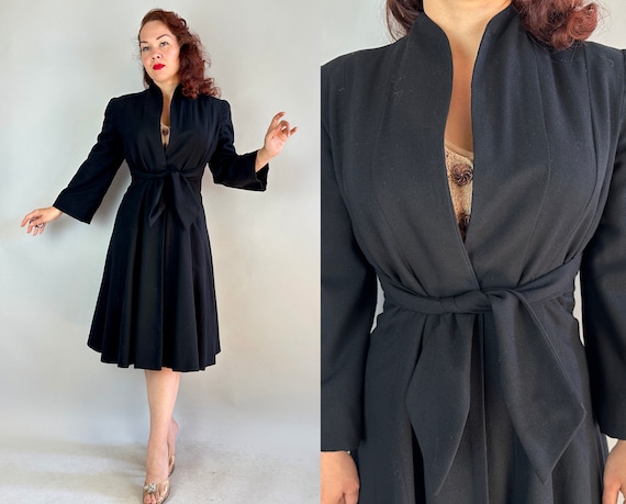 1940s Sultry Savannah Coat | Vintage 40s Jet Black Wool Overcoat with Bell Cuffs Dramatic Shoulder Pads and Cinch Tie Waist Closure | Small