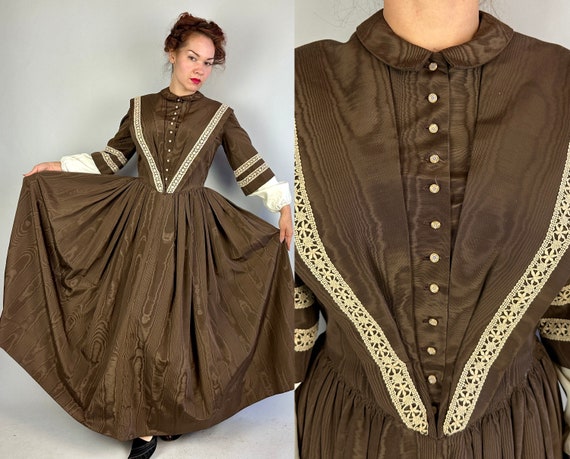 1800s Style Prim and Proper Dress | Victorian Repro Gown of Brown Moire Taffeta and White Sleeves with Original Era Bone Buttons | Medium