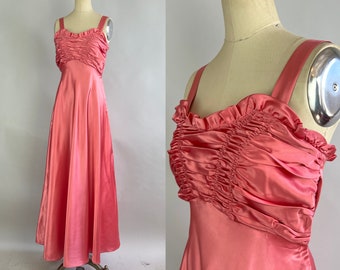 1930s Lovely Languid Liquid Satin Gown | Vintage 30s Pink Rayon Satin Evening Full Length Dress with Fully Ruched Bust | Extra Small XS