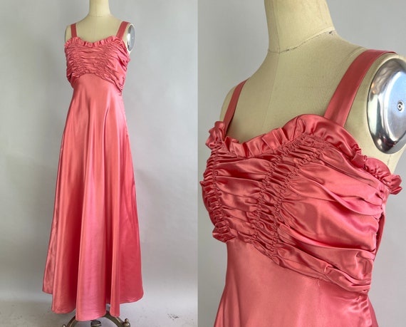 1930s Lovely Languid Liquid Satin Gown | Vintage 30s Pink Rayon Satin Evening Full Length Dress with Fully Ruched Bust | Extra Small XS