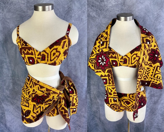 1960s Tiki Temptation Bikini Ensemble | Vintage 60s Brown Yellow Pink Hawaiian Barkcloth 3 Piece Swimsuit Coverup Set | Small Extra Small XS