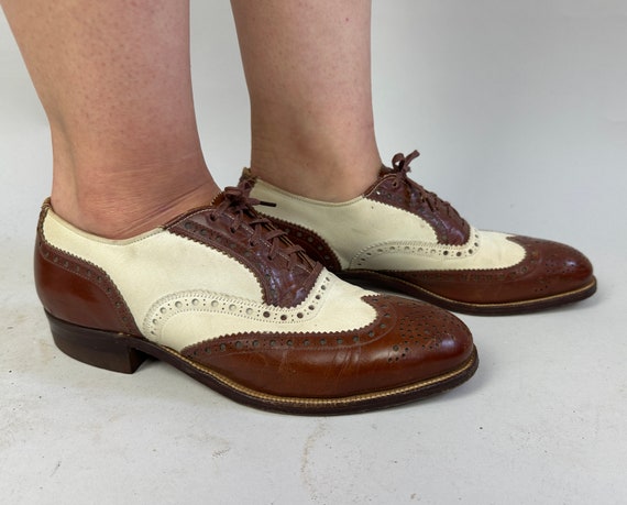 The Spectator Sally schoenen jaren 30 Vintage jaren 30 tweekleurige bruin en wit lederen vleugeltip veterschoenen op heren geinspireerde Oxfords Maat 7 8 Etsy Nederland