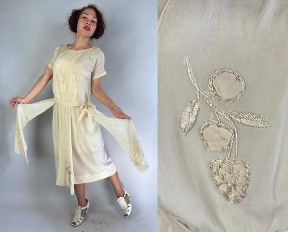 1920s Clara's Cloud Dress | Antique Vintage 20s White Silk with Tone on Tone Floral Embroidery Faux Tabard Flapper Frock | Small Medium