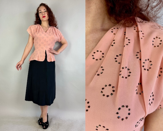 1940s Babe on the Block Dress | Vintage 40s Pink and Black Rayon Crepe Color Block Frock with with Peplum and Rainbow Spangles | Small