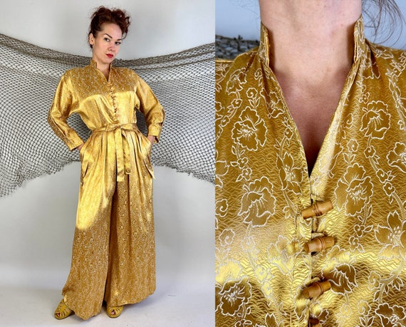 1950s Golden Goddess Jumpsuit | Vintage 50s Floral Satin Brocade Tiki One Piece Hostess Loungewear with Belt and Bamboo Buttons | Large
