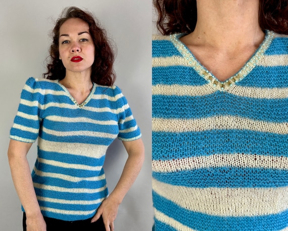 1950s Puffed Polly Sweater | Vintage 50s Mohair Wool Blend White and Blue Stripe Puff Sleeve Jumper Pullover w/Beads | Large Extra Large XL