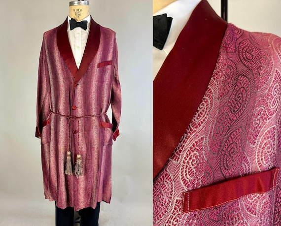 1920s Satin is Your Second Skin Robe | Vintage 20s Pink Charcoal and Grey Silk Jacquard Paisley Stripe Smoking Jacket with Belt | Large