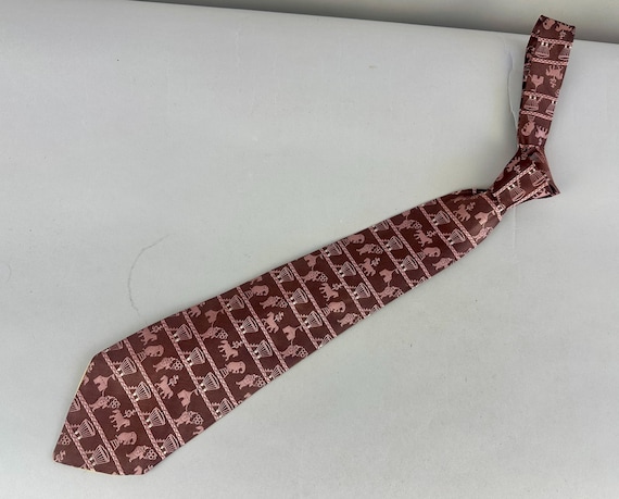 1940s Clownin' Around Necktie | Vintage 40s Pink and Brown Mauve Silk Brocade Novelty Self Tie Cravat with Circus Elephants Clowns & Horses