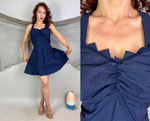 1950s Moonlight Cocktail Romper | Vintage 50s Midnight Blue Taffeta Nylon Skirted Playsuit Swimsuit with Triangle Peak Trim | Extra Large XL