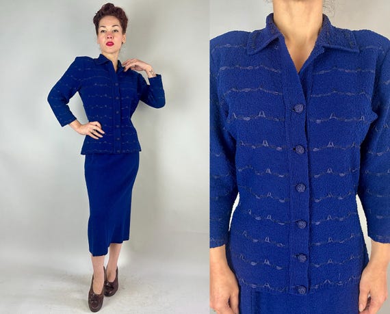 1940s Set for Success Knit Set | Vintage 40s Midnight Blue Boucle Wool Sweater Cardigan & Skirt with Ribbon Striping | Large Extra Large XL