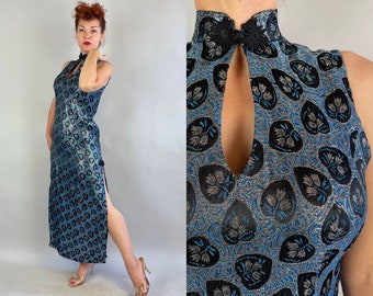 1950s East Meets West Gown | Vintage 50s Blue Black & Silver Lurex Tulips in Hearts Chinese Style Dress with High Slits and Keyhole | Small