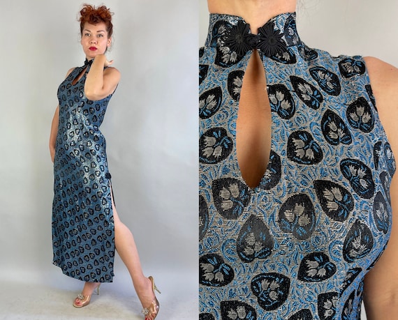 1950s East Meets West Gown | Vintage 50s Blue Black & Silver Lurex Tulips in Hearts Chinese Style Dress with High Slits and Keyhole | Small