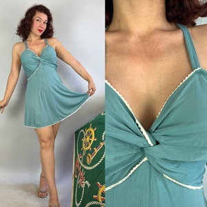 1930s By the Sea Swimsuit Romper | Vintage 30s Seafoam Blue Rayon Jersey Playsuit with White Ric Rac Trim and Button Back | Medium Large XL
