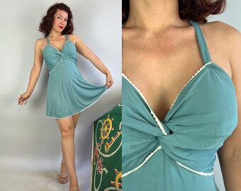 1930s By the Sea Swimsuit Romper | Vintage 30s Seafoam Blue Rayon Jersey Playsuit with White Ric Rac Trim and Button Back | Medium Large XL