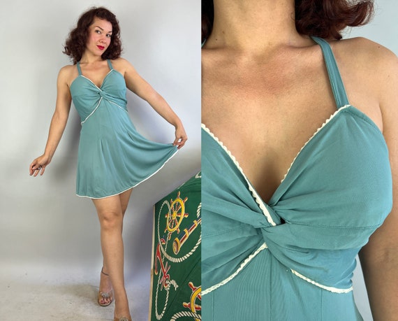 1930s By the Sea Swimsuit Romper | Vintage 30s Seafoam Blue Rayon Jersey Playsuit with White Ric Rac Trim and Button Back | Medium Large XL