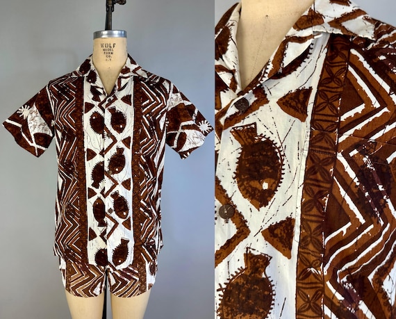1950s Cabana Carouser Ensemble | Vintage 50s Two Piece Brown and White Coconut Tiki Cotton Shirt and Shorts Swim Trunks Hawaiian Set | Large