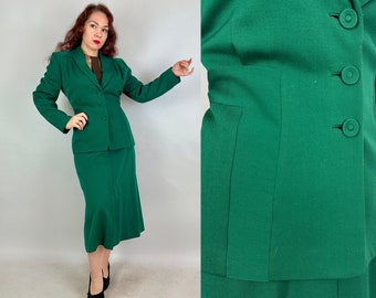 1940s Your Lucky Day Suit | Vintage 40s Shamrock Green Wool Gabardine Two Piece Jacket Blazer and Pencil Skirt Set | Extra Large XL