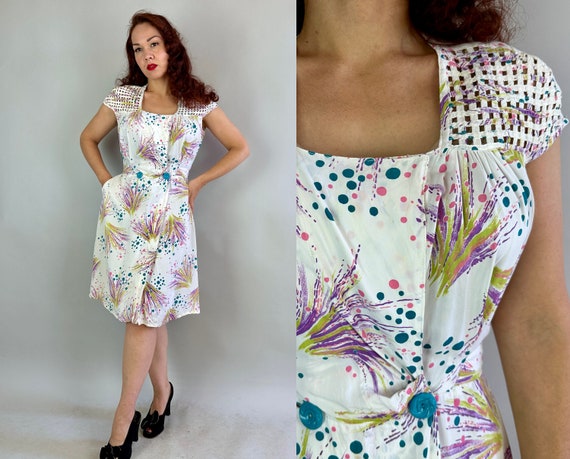 1940s Fantastic Fireworks Frock | Vintage 40s White Purple Teal  Pink Chartreuse Explosive Print Rayon Wrap Dress w/Lattice Cutouts | Medium