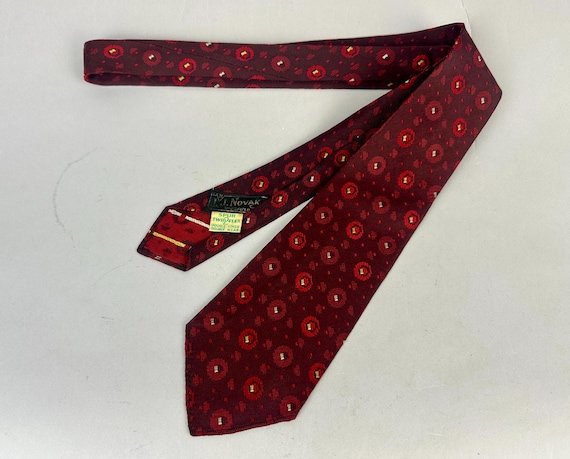 1920s Blood Lines Necktie | Vintage 20s Shades of Red Silk Spotted Brocade with Hints of Yellow and Silver Self Tie Cravat Dated 1922!