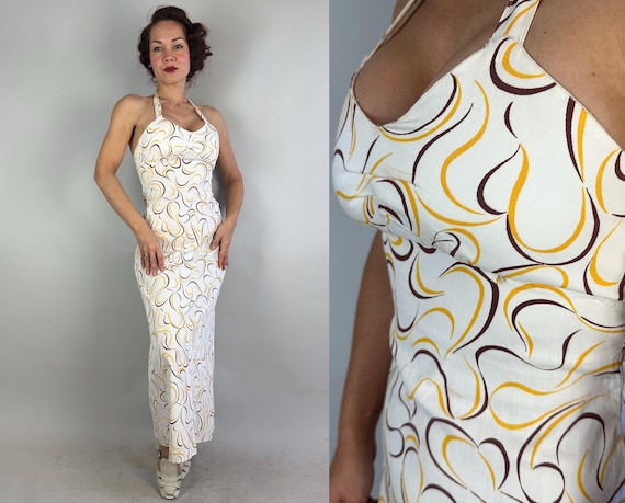 1930s Sweetheart Swirls Sun Dress | Vintage 30s White Cotton Faille Halter Low Back Gown with Brown and Yellow Swirly Ribbon Print | Small