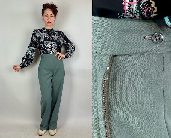 1940s Footloose and Fancy Free Trousers | Vintage 40s Sage Green Wool High Waist Side Zip Pants Slacks w/Dropped Belt Loops | Small
