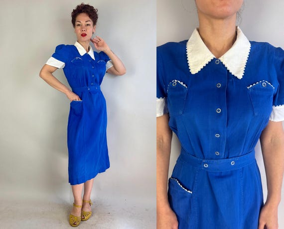 1940s Sweetest Waitress in Town Dress | 40s Vintage Two-Tone Blue & White Collared Shirtwaist Cotton Uniform with RicRac Pockets | Large