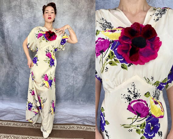 1930s Awe Inspiring Anemone Gown | Vintage 30s White Purple Pink Yellow Big Floral Silk Bias Cut Dress w/Keyhole Back | Extra Large XL