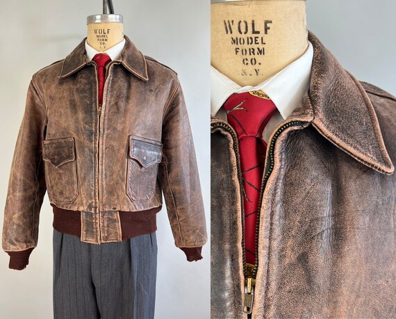 1940s Fearless Flyboy A-2 Jacket | Vintage 40s Cinnamon Brown Leather A2 Bomber Motorcycle Driving Coat PatchPockets | Large/Extra Large XL