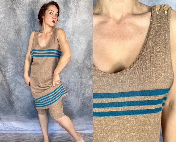1920s Sandy Seashore Swimsuit | Vintage 20s Heathered Brown Wool One Piece Bathing Suit with Teal Stripes & Skirted Shorts | Large XL