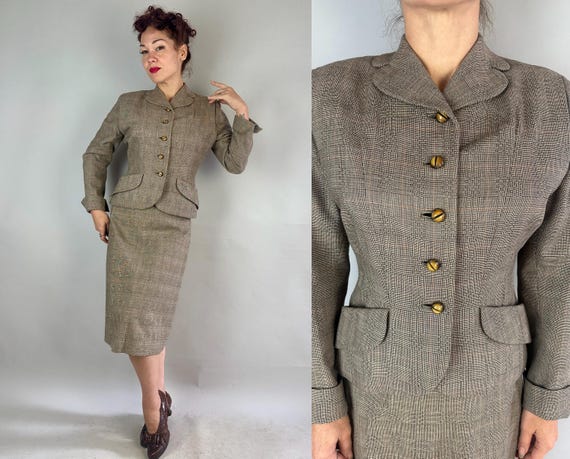 1940s Coffee & Cream Mix Plaid Suit | Vintage 40s Brown and White with Orange Stripe Wool Jacket and Skirt Set w/Snake Eye Buttons | Small
