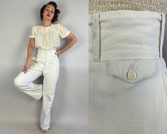 1930s Co-Eds Coming Out Trousers | Vintage 30s White Cotton Twill 3 Button Wide Band Collegiate Waist Oxford Bags Pants Slacks | Medium